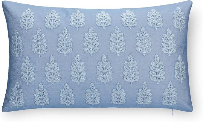 California Casual Coastal Indoor Outdoor Lumbar Pillow Cover, 12"x20" Water Repellent for Patio, Backyard, Couch, Poolside, Light Blue Embroidered Leaves