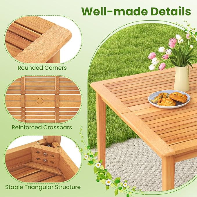 Tangkula 5 Piece Wood Outdoor Dining Set for 4, Rectangular Patio Acacia Wood Table Set with 4 Cushioned Chairs, Umbrella Hole, Heavy Duty Metal Frame for Deck Porch Backyard