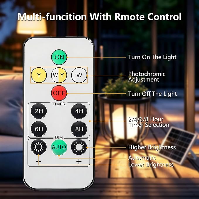 Solar LED Outdoor Side Table 2-Pack, Built-in Glowing Sphere, Remote Control & Detachable Solar Panel,Waterproof Rustproof Metal Floor Lamp for Patio Garden Balcony