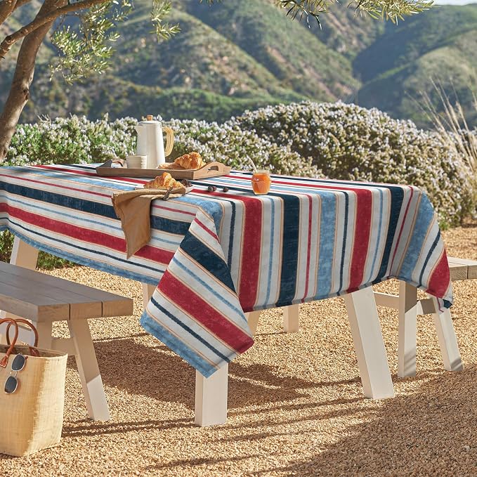 DYTXIII Outdoor Rectangle Tablecloth with Umbrella Hole and Zipper 84" x 60", Water Repellent Floral Picnic Cover, Fade & Wrinkle Resistant Tablecloth for Patio/Garden/Party Table, Stripe Red Blue