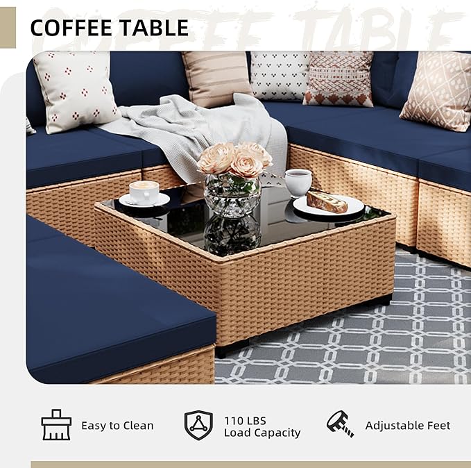 UPHA 9 Pieces Patio Furniture Sets, Wicker Outdoor Sectional Sofa Couch with Coffee Table, Patio Conversation Set for Deck Backyard Garden, Beige Rattan, Navy Blue Cushion