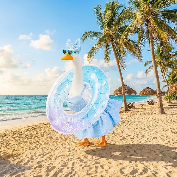 Bikini Porch Goose Outfits Fits 23" Goose Statue Summer Porch Goose Outfit with Sunglasses and Swim Ring Hawaiian Porch Goose Clothes Costume for Outdoor Garden Lawn Yard Decor(Blue Flower)