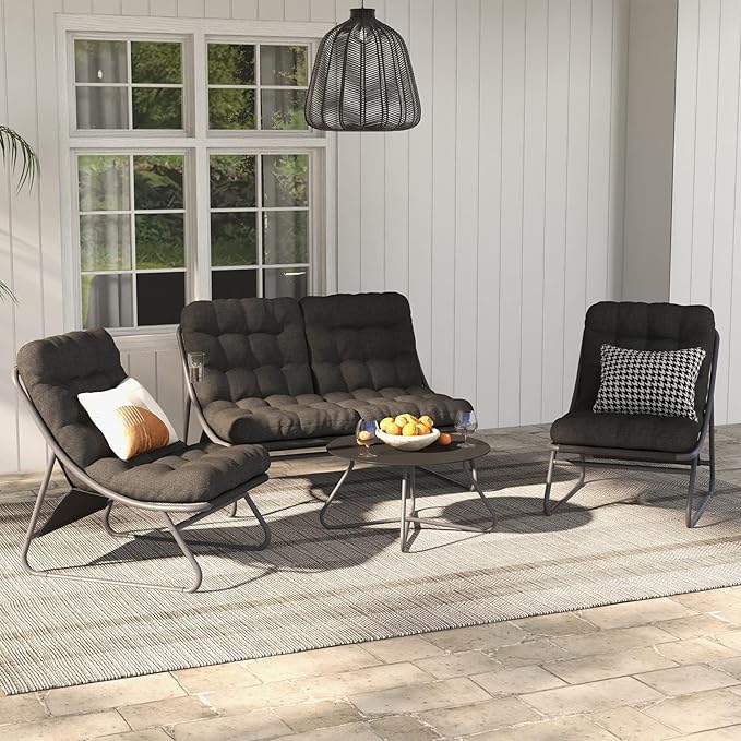 Grand patio Outdoor & Indoor 4-Piece Conversation Set E-Coated Patio Furniture, Removable Padded Olefin Cushion, Deluxe Enlarged Seat, Coffee Table, Charcoal Grey