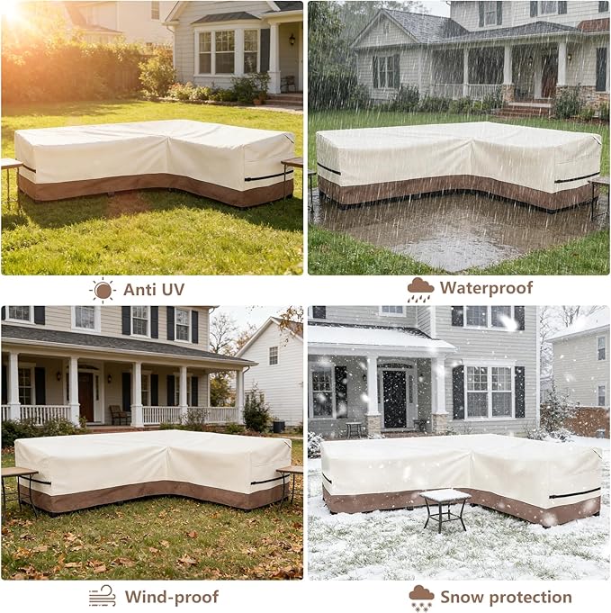 okcool Outdoor Sectional Sofa Cover Waterproof-L-Shaped Patio Furniture Covers for 6-Seater Outdoor Sectional Furniture Couch 110"(85''L) x 32''D x 31''H, Beige & Brown