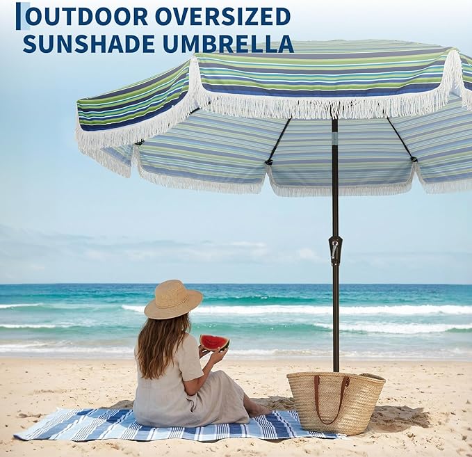 Garvee 10FT Fringe Patio Umbrella with Crank Handle, Push Button Tilt for Sun Shade, 8 Fiberglass Ribs,1.5"D Premium Steel Pole, Outdoor Large Tassel Umbrella for Patio Beach Pool Backyard,10' Stripe