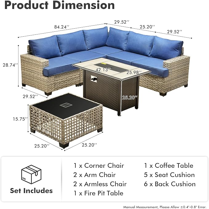 HOOOWOOO Sectional Patio Furniture Set with Fire Pit Table,7 Pieces Wicker Outdoor Furniture L Shaped Couch,Outside Conversation Set with Extra Deep Seat Sofa Wide Arm Solar Light Table,Denim Blue