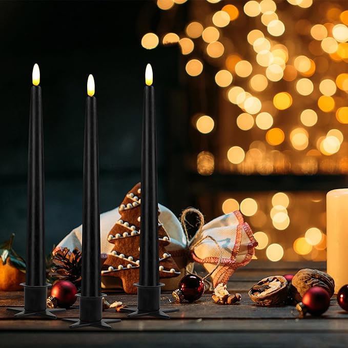 CVHOMEDECO. Flameless Taper Candles with 10-Key Remote, Battery Operated Led Flickering 3D Wick Window Candles Real Wax Finished Home Christmas Party Decor 0.78 x 11 Inch, Pack of 3, Black