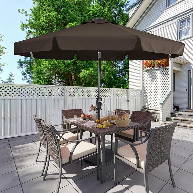 MASTERCANOPY 9ft Patio Umbrella with Valance, Crank and Tilt – 8 Ribs Outdoor Market Umbrella, UV/Fade Resistant, Waterproof Canopy with Wind Vent for Garden, Deck, Backyard, Pool (Brown)