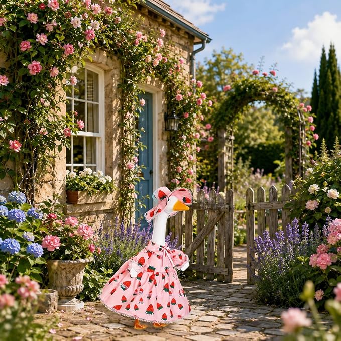 23-Inch Porch Goose Outfit for Spring Summer, Strawberry Dress with Matching Hat, Fits Cement & Plastic Goose Statues, Outdoor Lawn Decor