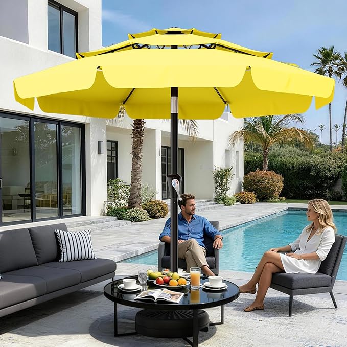 AreShark 9FT 3-Tiers Patio Umbrella with Valance, Outdoor Umbrellas with Crank/Tilt, Table Market Umbrella Vented w/ 8 Sturdy Ribs for Garden, Deck, Backyard, and Pool, Yellow