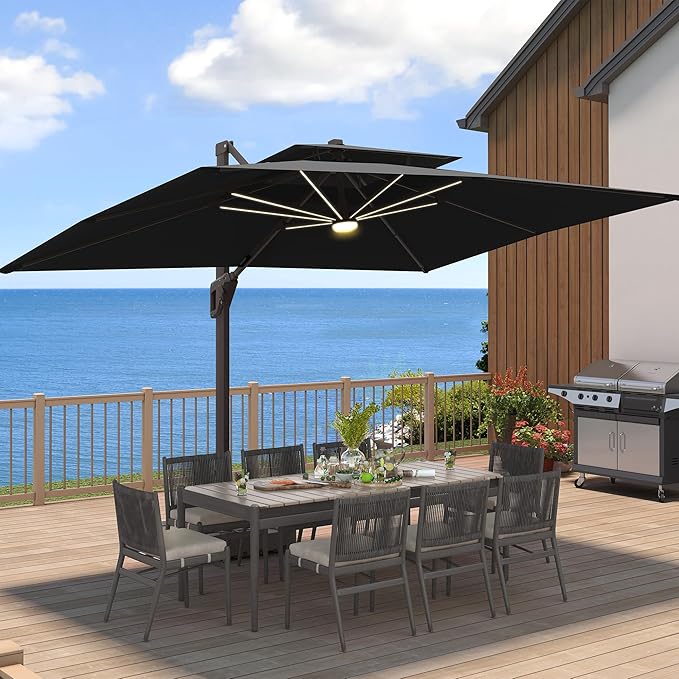 9 X 12 FT Cantilever Patio Umbrella with Led Lights and Base Included Heavy Duty Outdoor Double Top Large Rectangle Offset Umbrellas with 360-degree Rotation for Garden Pool Deck Backyard, Black