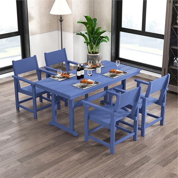 5-Piece HDPE Outdoor Patio Dining Set,Outdoor Table and Chairs,Modern Plastic Dining Sets with Umbrella Hole Cut-Out Table and 4 Chairs Navy