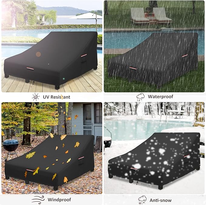 Okcool 100% Waterproof Patio Double Wide Chaise Lounge Chair Cover, 600D Tough Canvas 80 Inch Outdoor Chaise Lounge Covers,Black