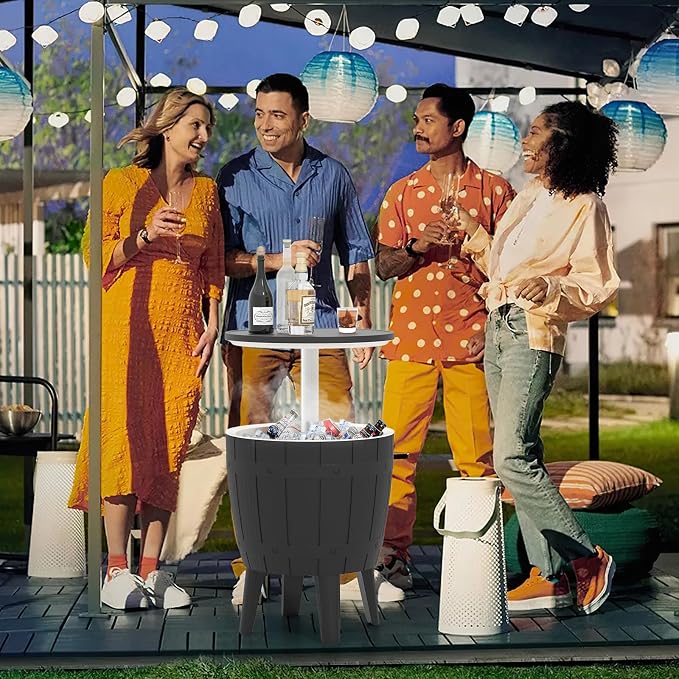 10 Gallon Cooler Table, Cool Bar Table with Height Adjustable Tabletop & Drainage Plug, 3-in-1 Cocktail Drinks & Wine, Outdoor Cooler Side Table for Backyard, Party, Poolside (Black)