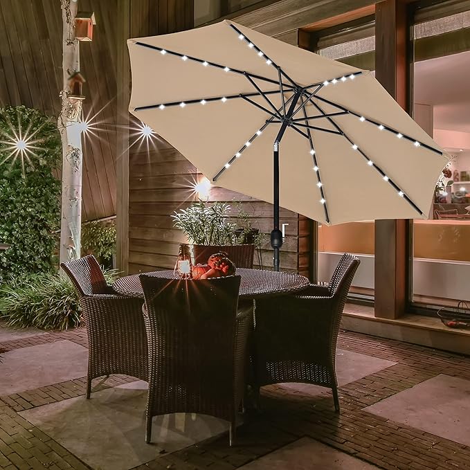 Simple Deluxe 9' Solar Umbrella 32 LED Lighted Patio Umbrella Table Market Umbrella for Garden, Deck, Backyard and Pool