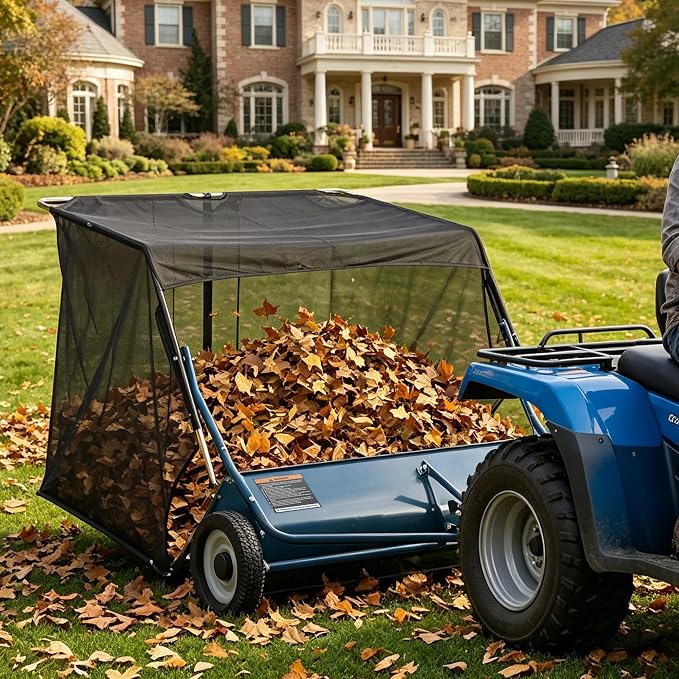 44" Tow Behind Lawn Sweeper, 29 cu. ft Extra-Large Capacity Leaf & Grass Collector-Adjustable Sweeping Height, Dumping Rope Design for Efficient Debris & Grass Cleanup on Yards, Driveways & Sidewalks