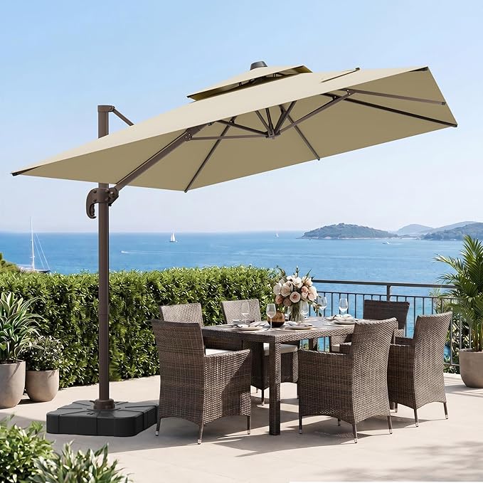 VEGOND 9x12 FT Patio Cantilever Umbrella with Base, Rectangular Heavy Duty Offset Umbrella for 6-8 People, 360°Rotation & Mult Tilt, Double Top Design, for Pool Garden Deck (Beige)