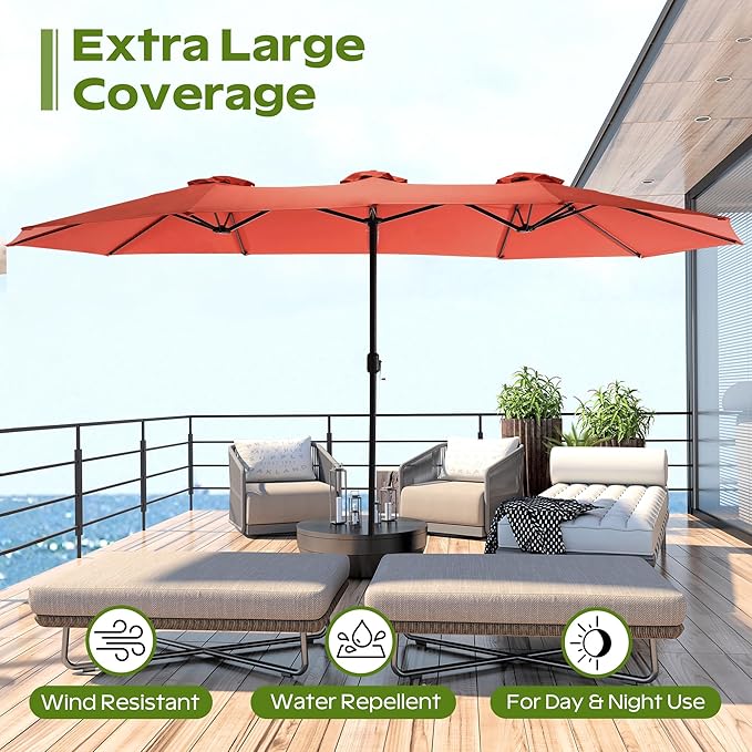 15ft Umbrella Outdoor Patio - Double-Sided Large Market Rectangle Umbrellas with Crank Handle for Patio Garden Yard Pool (No Base)