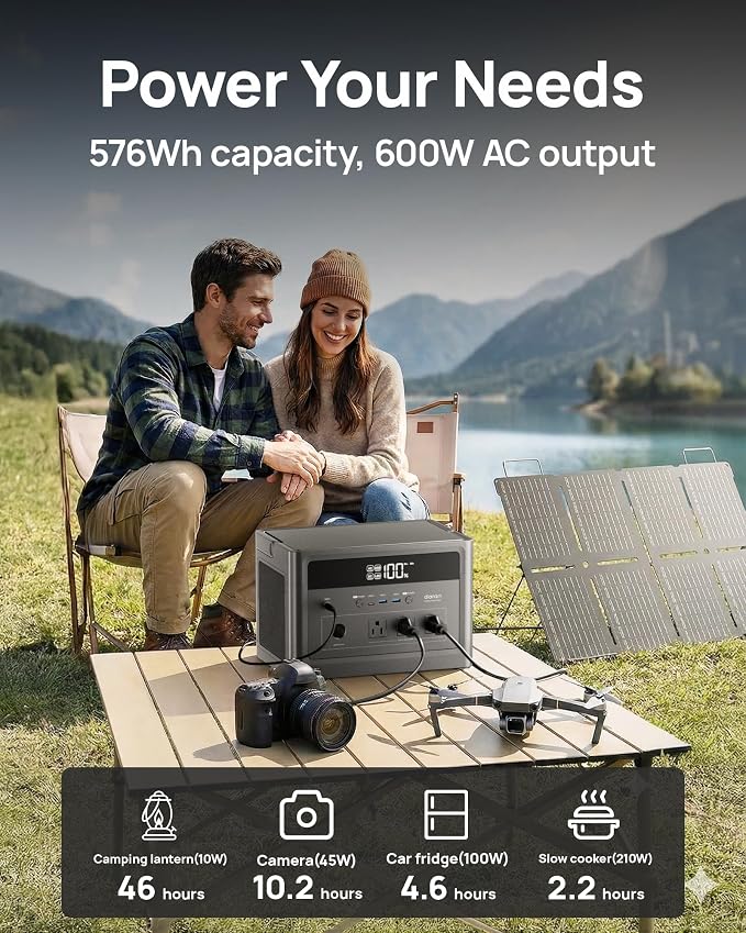 DaranEner 576Wh Solar Generator 600W, Portable Power Station with 100W USB-C PD Output, 110V Pure Sine Wave AC Outlet Backup LiFePO4 Battery for Outdoors Camping, Home, Emergency, RVs (Peak 1200W)