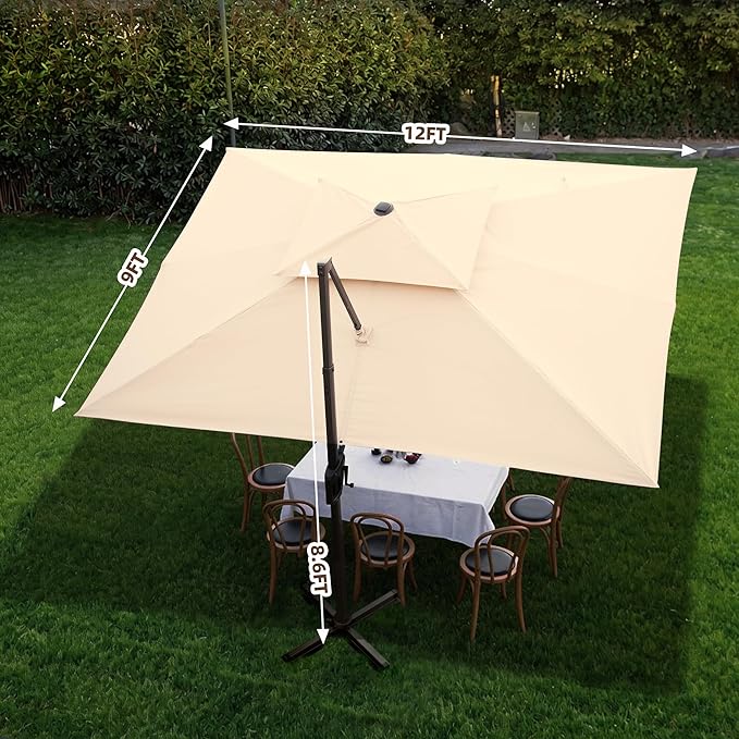 9 X 12 FT Cantilever Outdoor Patio Umbrella with LED Lights Large Heavy Duty 360° Rotation Double Top Offset Rectangular Umbrellas for Backyard Garden Pool Outside Deck, Beige
