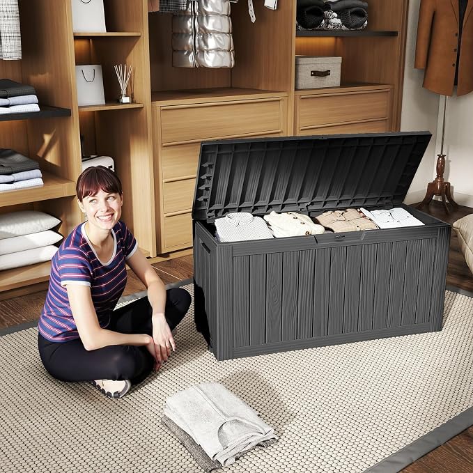 90 Gallon Outdoor Storage Box, Large Deck Box Waterproof Resin Storage Bin with Lid for Patio Cushions, Gardening Tools, UV Resistan (Black, 90 Gallon)