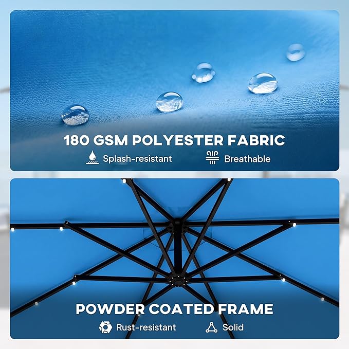 Outsunny 10 ft Cantilever Patio Umbrella with Solar LED Light, Sandbag Weight, Offset Hanging Outdoor Market Umbrella with Protective Cover, Crank and Tilt