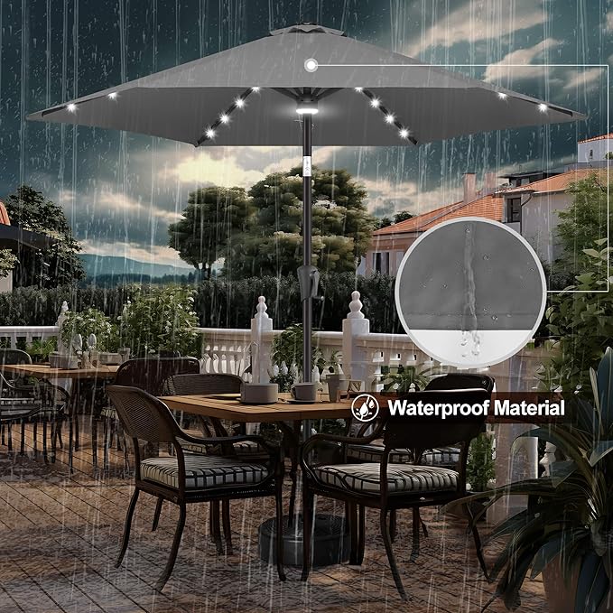 FLAME&SHADE 10ft Solar Outdoor Umbrella - 24 LED Lighted Patio Umbrella with Centre Surround Light, Table Umbrellas with Tilt & Crank for Pool, Porch, Garden, Deck, Backyard UV Protection (Anthracite)