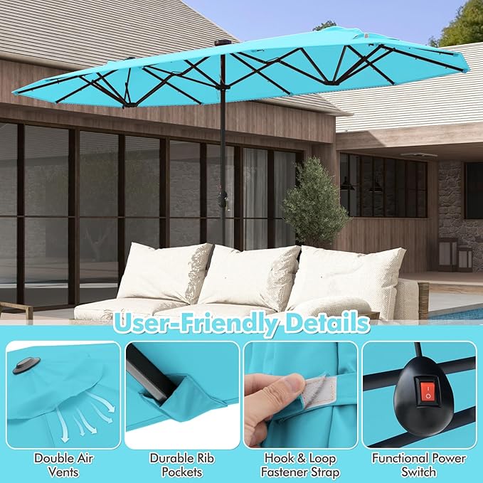 HAPPYGRILL Double-Sided Patio Umbrella with Solar Lights, 13FT Large Umbrella with Base Included, Crank Handle, Market Twin Table Umbrella for Outdoor Backyard Garden Poolside