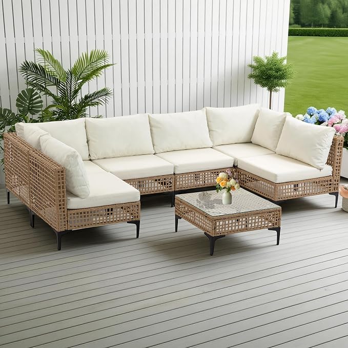 7-Piece Patio Furniture Set, All Weather Wicker Outdoor Sectional Conversation Sofa w/Thick Cushions & Glass Table for Lawn Poolside Backyard Porch, Beige