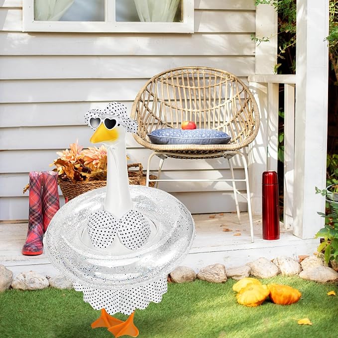 Hawaiian Porch Goose Outfits Summer Bikini Goose Outfit Fits 23" Goose Statue with Hat Sunglasses & Swimming Ring for Cement Yard Decor(White)