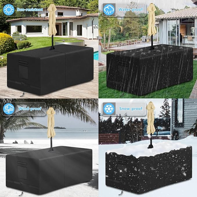 SIRUITON Rectangle Patio Table Cover with Umbrella Hole 108" L X 82" W X 23.6" H (COVER SIZE,NOT TABLE SIZE) Heavy Duty 600D Oxford Fabric Outdoor Waterproof Lawn Patio Furniture Covers