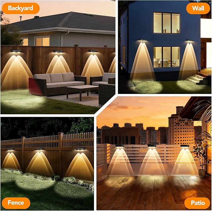 Solar Fence Lights Outdoor,8 Pack Waterproof LED Solar Powered Deck Light with Ultra Bright LED Lens,3000K/4000K/6000K Selectable,12+ Hours Steady Glow for Step,Railing,Backyard,Wall