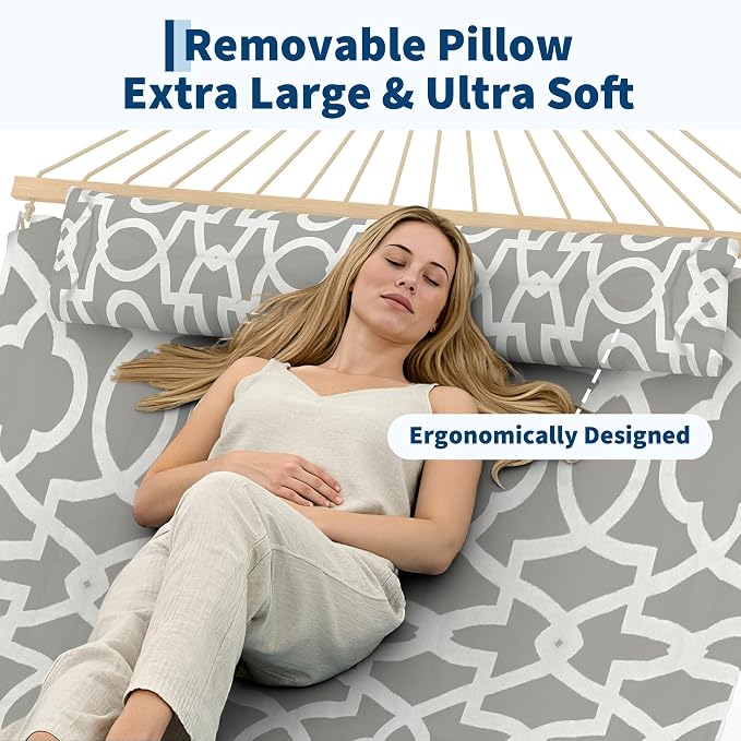 Double Quilted Hammock for 2 Adults – 350cm Large Outdoor Garden Swing Bed with Hardwood Spreader Bars, Detachable Pillow, 450lbs Capacity, Weather-Resistant, Ideal for Patio, Backyard