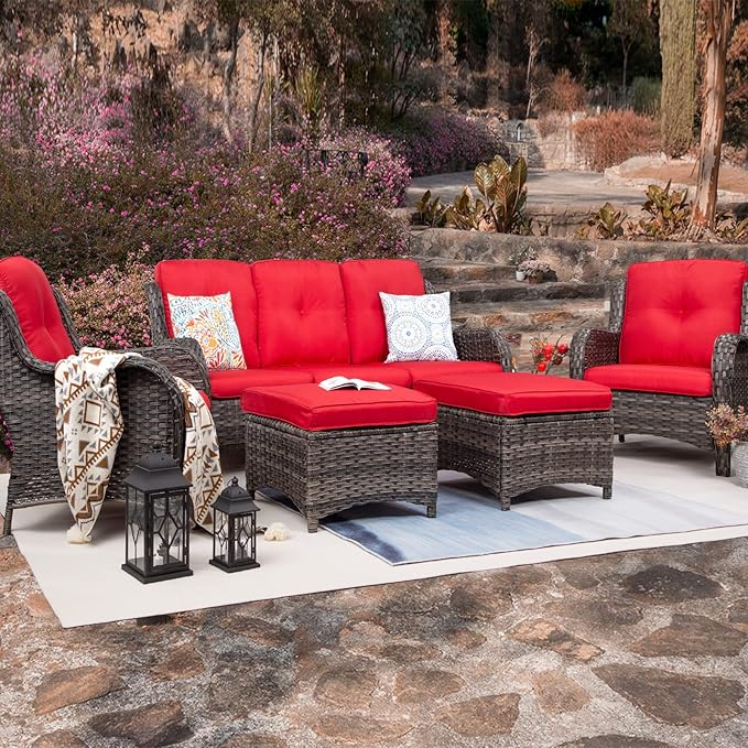 Patio Furniture Set 5-Piece Wicker Outdoor Furniture Conversational Set with 3-Seat Sofa, 2 Armchairs, 2 Ottoman Patio Rattan Wicker Sectional Sofa Set with Olefin Cushions, Red