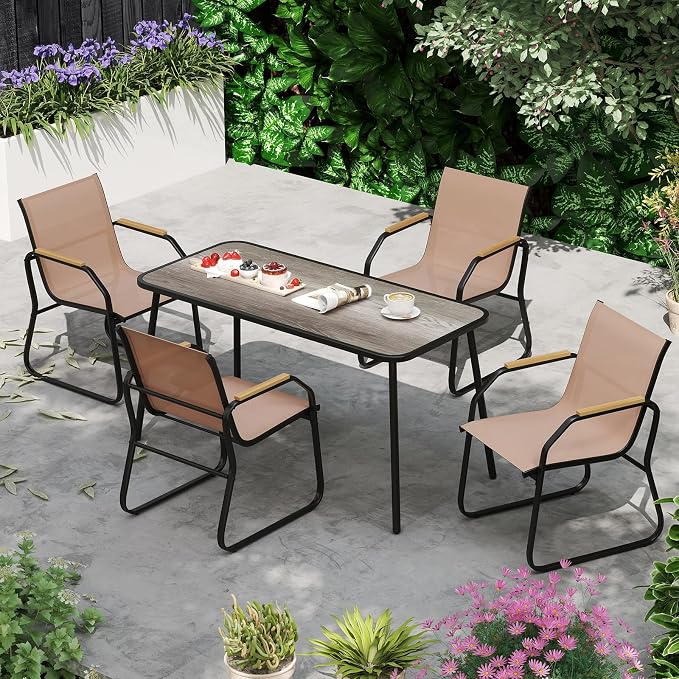 Tangkula 5 Pieces Patio Dining Sets, Outdoor Rectangular Dining Table & 4 Fabric Chairs with Wood-Like Armrests & Metal Frame, Patio Furniture Set for Garden Yard Porch Deck Poolside (Brown)