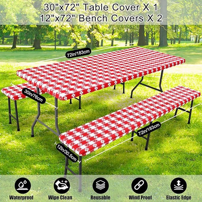 Smiry Picnic Table Cover with Bench Covers, Waterproof Elastic Fitted Tablecloth for 6 Foot Tables, Washable Polyester Tablecloths for Camping, Indoor & Outdoor (Red & White, 30x72 Inch 3-pc Set)