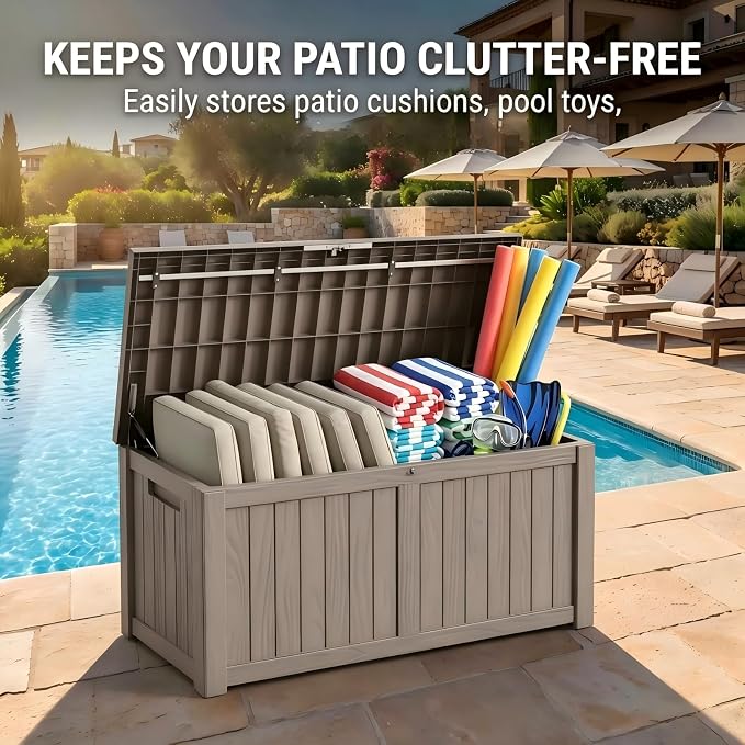 150 Gallon Resin Outdoor Storage Box for Garden Tools, Pool Supplies & Patio Cushions ā Waterproof & UV-Resistant, Durable Material ā Lockable (Brown)