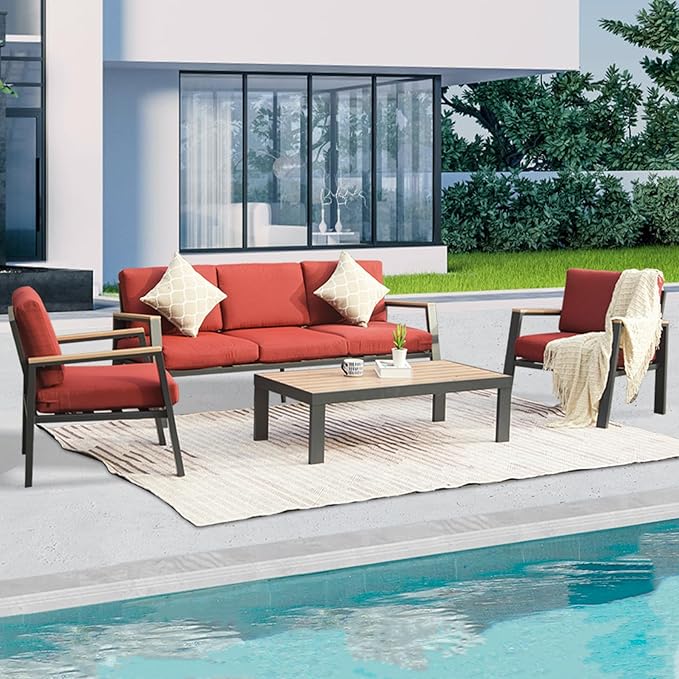 Domi Patio Conversation Set 4 Pieces, Aluminum Outdoor Patio Furniture with Coffee Table, All-Weather Modern Deep Seating Sofa Set with Cushions (Spring Coil Seat Cushion) -Red