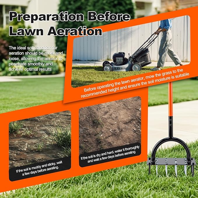 Bluesea Lawn Aerator Tool - 16 Iron Spikes with Ergonomic T-Handle, Automatic Dirt Clean for Soil Loosening & Yard Aeration, Manual Metal Grass Aerator (Orange)