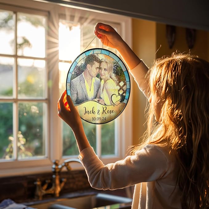 Personalized Stained Glass Window Hanging Suncatcher - Gift for Family, Couple - Portrait Couple Family - Perfect Valentine Gift, Custom Photo, Name and Date