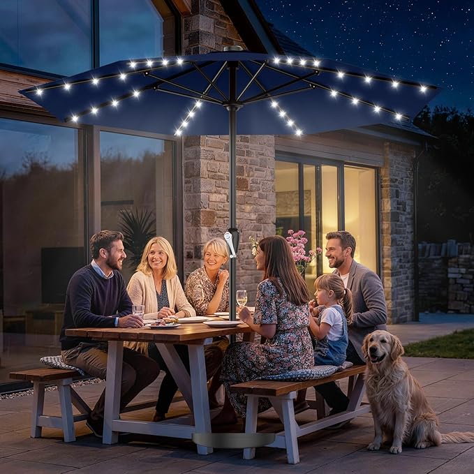 AreShark 12FT Large Patio Umbrella with Solar Lights, Solar Powered Outdoor Umbrella with Crank, Patio Table Market Umbrellas for Garden, Deck, Backyard, Pool and Beach, Navy