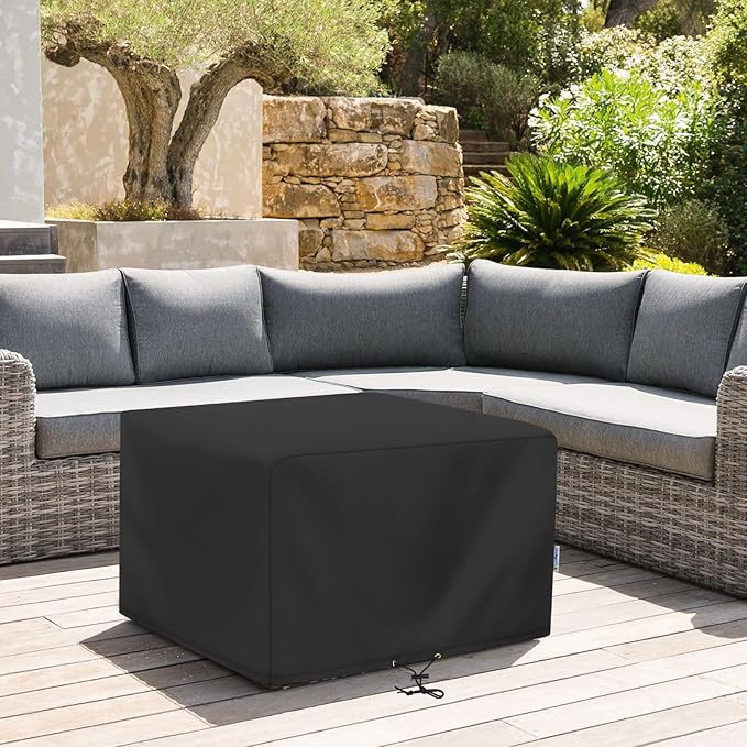 SunPatio Outdoor Ottoman Cover, Waterproof Square Coffee Table Cover, Patio Furniture Side Table Cover, All Weather Protection, 32W x 32D x 18H, Black