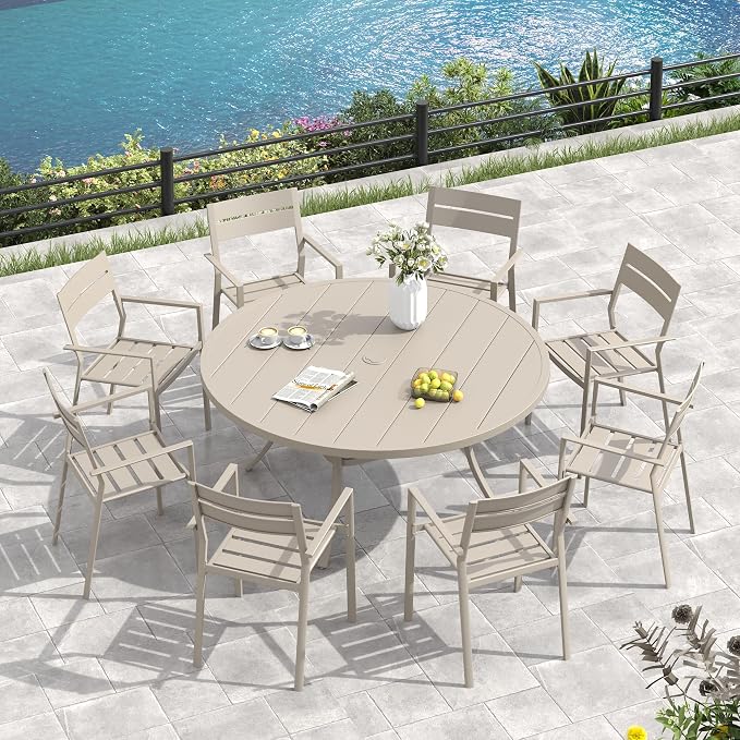 VICLLAX 63" Round Patio Table, Outdoor Dining Table for 8-10 with Umbrella Hole for Garden Lawn Deck Backyard, Sandshell