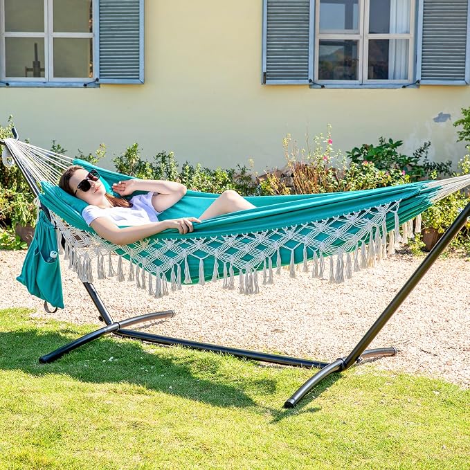 PNAEUT Handmade Tassel Hammocks, Double Hammock with Stand for Outside, Max 450 lbs Capacity, Pillow & Storage Bag Included (Aqua)