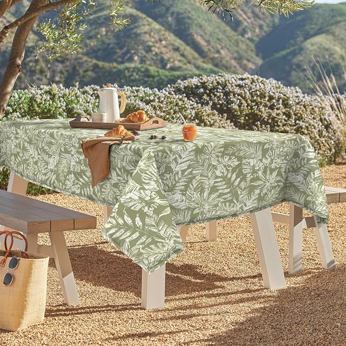 DYTXIII Outdoor Rectangle Tablecloth with Umbrella Hole and Zipper 84" x 60", Water Repellent Floral Picnic Cover, Fade & Wrinkle Resistant Tablecloth for Patio/Garden/Party Table, Tropical Leaf Green