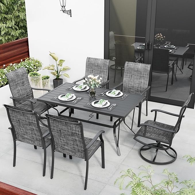 Pamapic 7-Piece Outdoor Dining Set, Patio Dining Set for 6, All-Weather Outdoor Patio Set with 2 Textilene Swivel Chairs & 4 Regular Chairs for Garden, Poolside, Deck,Gray
