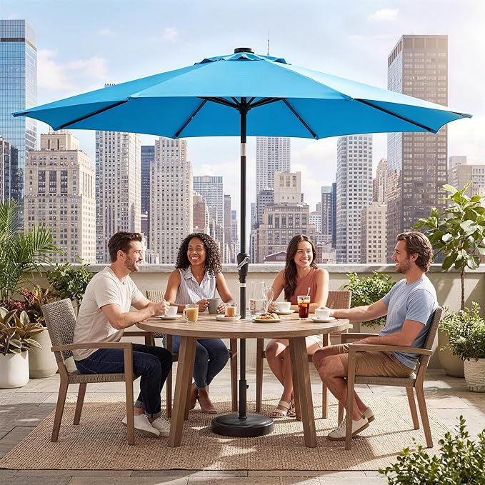 Garvee 10FT Patio Umbrella with 32 Solar LED Lights, Outdoor Table Market Umbrella with Tilt and Crank, 8 Sturdy Iron Ribs Sun Shade for Garden, Deck, Backyard and Pool, Turquoise Blue