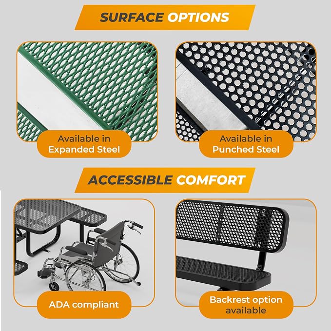 Commercial Heavy-Duty Metal Picnic Table - ADA Compliant, Adjustable Seats, Umbrella Hole, Expanded Metal (Black, 8' Rectangular)