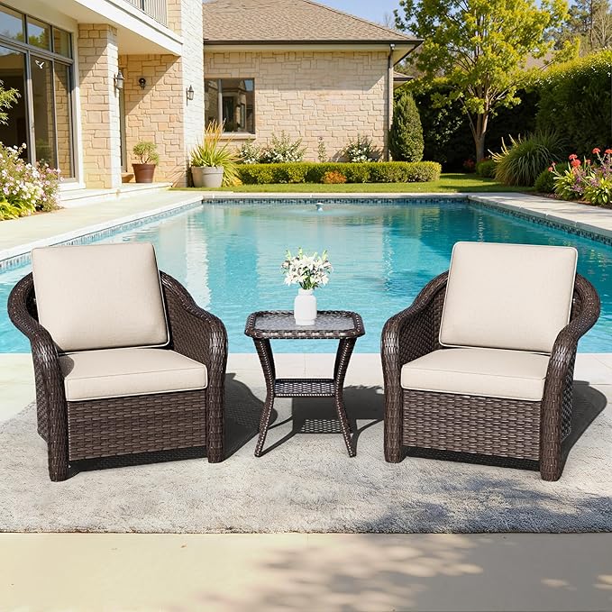 Outdoor Chairs with Side Table, Patio Wicker Chairs, Outside Conversation Furniture Set with Washable Cushions for Sunroom, Gazebo, Poolside (Beige)