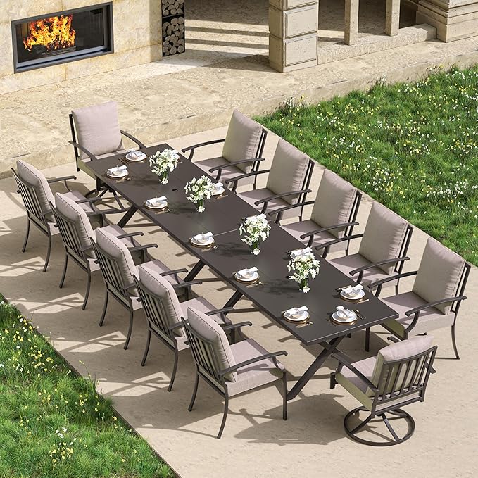 Kullavik 14PCS Outdoor Dining Set,Patio Dining Table and Chairs Set for 12,Fence Pattern Back Chairs with Thickened Cushions & Rectangular Metal Dining Table with Umbrella Hole for Patio,Sand